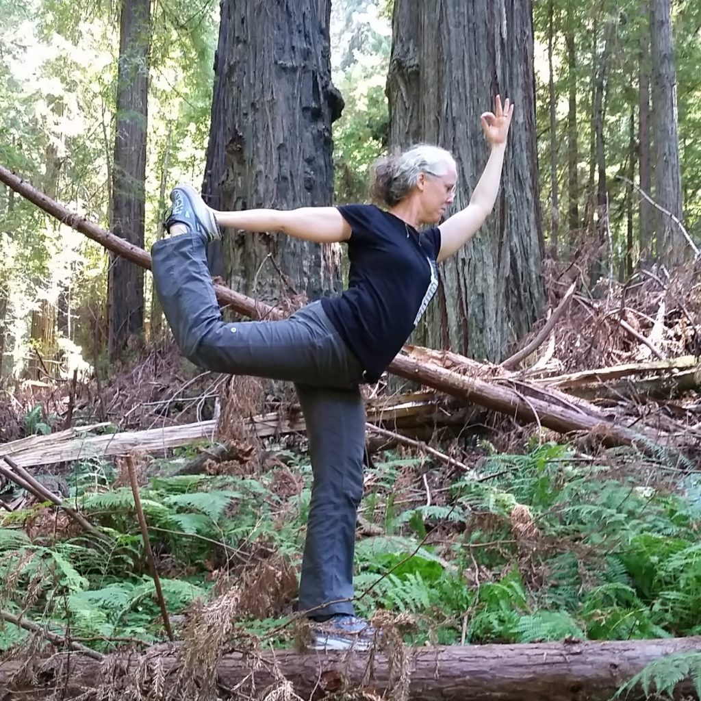 Kimberlyn doing yoga pose on log in woods